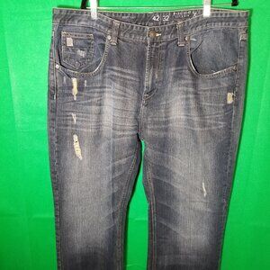 Marc Ecko Jeans Men Cut & Sew Bootcut Denim Blue 42x32 Wide Leg Retro Distressed